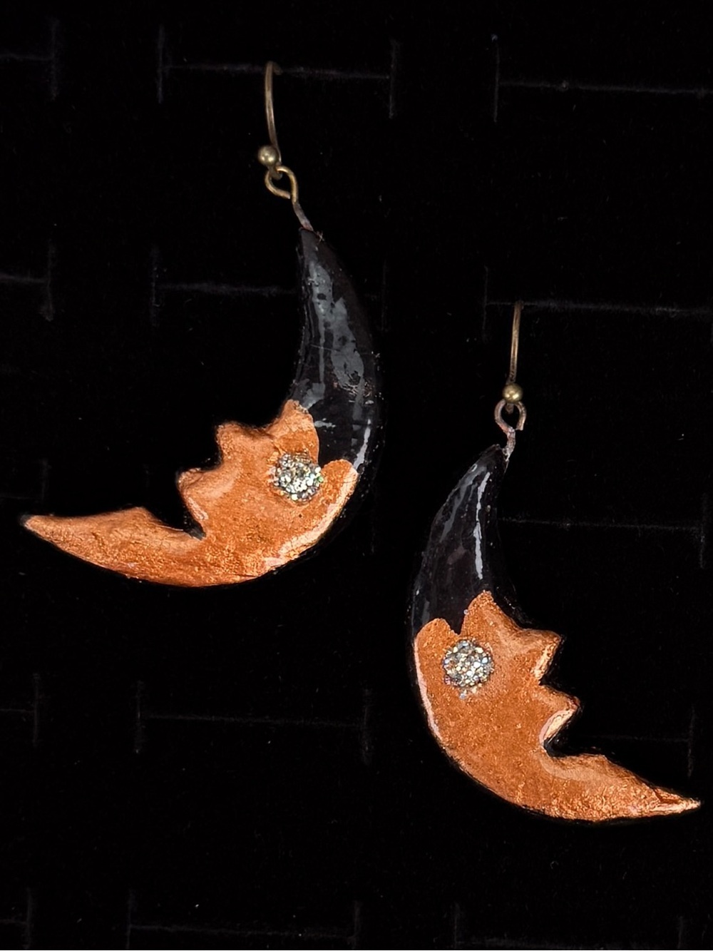 Bohemian chic, handmade, vintage crescent, moon, bronze & black pierced earrings